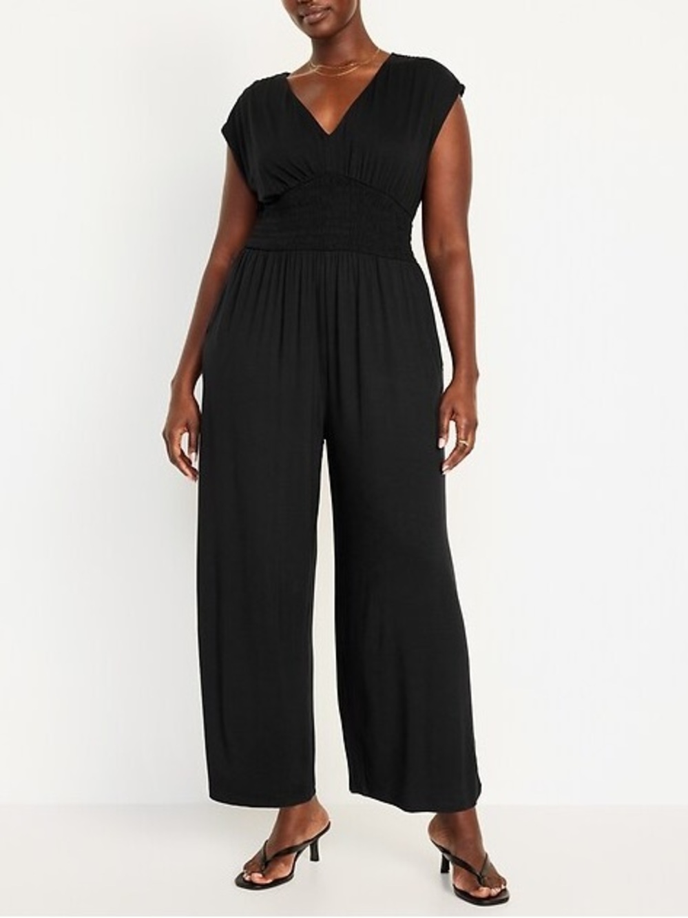 Old Navy Waist-Defined Wide-Leg Shirred Black Sleeveless Jumpsuit